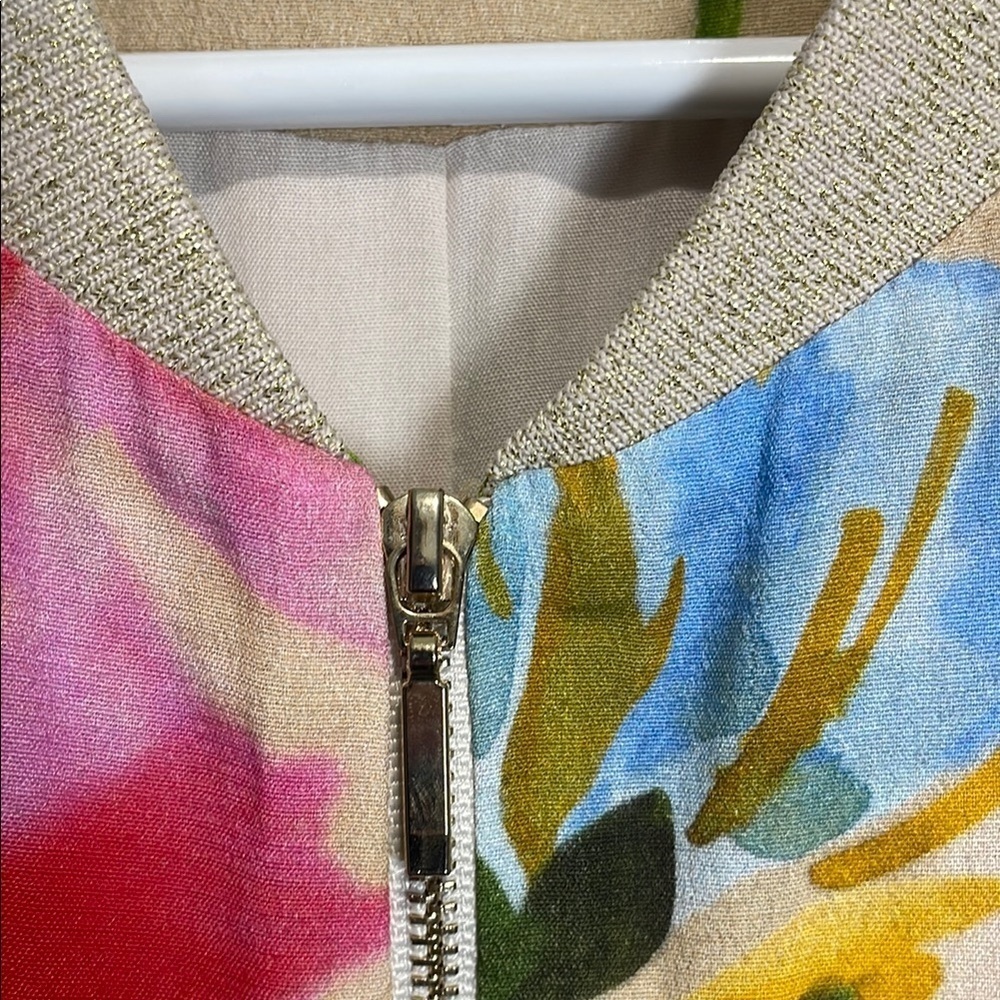 NAF NAF Paris Floral Watercolor Bomber Jacket Gold Lurex Zip Size L - Picture 4 of 14